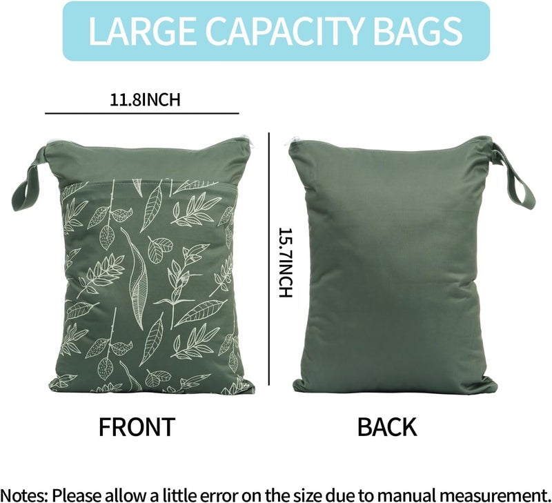 CoolaPeach 2pcs Wet Bags Waterproof Reusable Wet Dry Bag with Two Zippered Pockets Travel Beach Pool Daycare Yoga Gym Bag for Baby Cloth Diaper,Swimsuits,Wet Clothes (Leaves & Grids) - Image 2